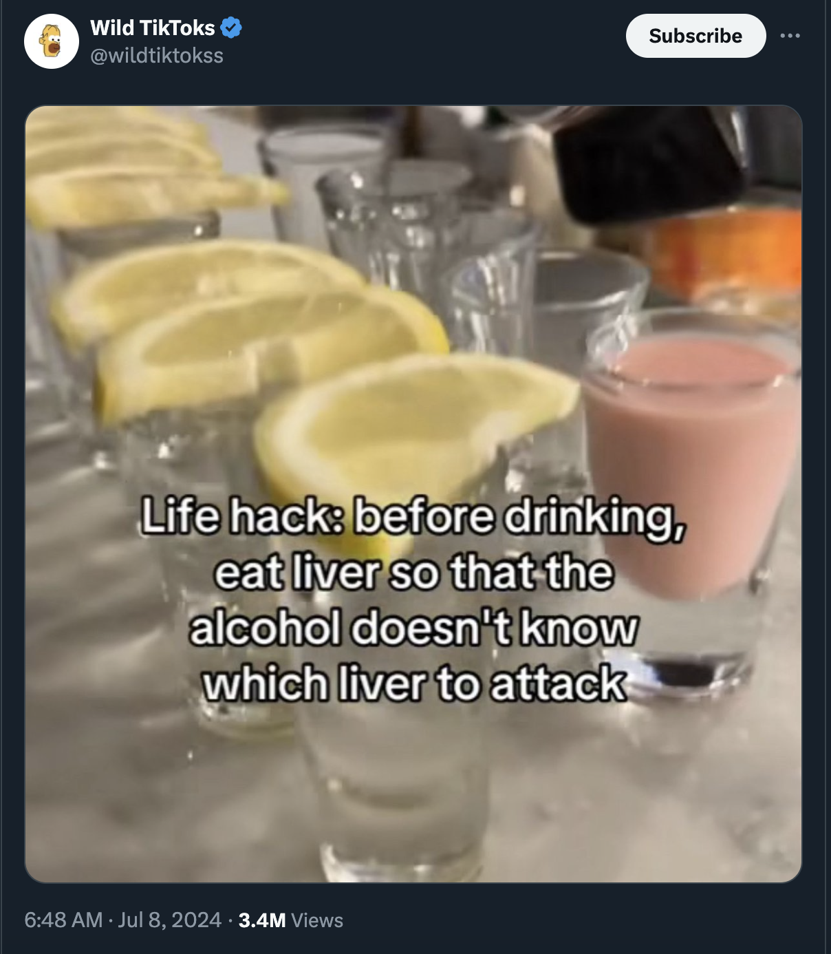 batida - Wild TikToks wildtiktokss Subscribe Life hack before drinking, eat liver so that the alcohol doesn't know which liver to attack 3.4M Views